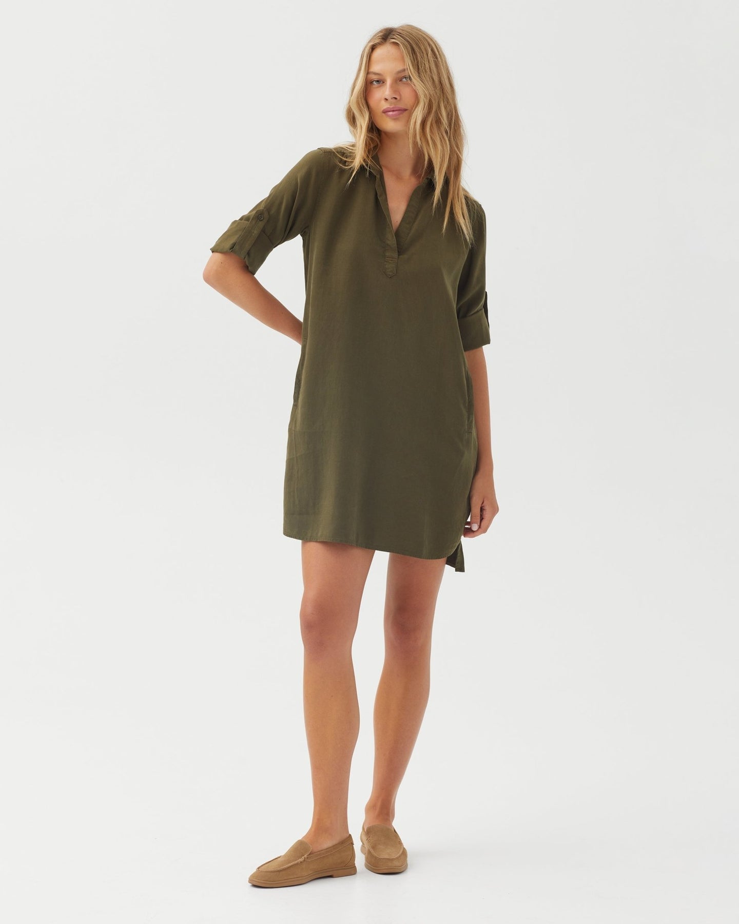 Bella DahlA Line Rolled Tab Sleeve Dress - Olive NightDresses