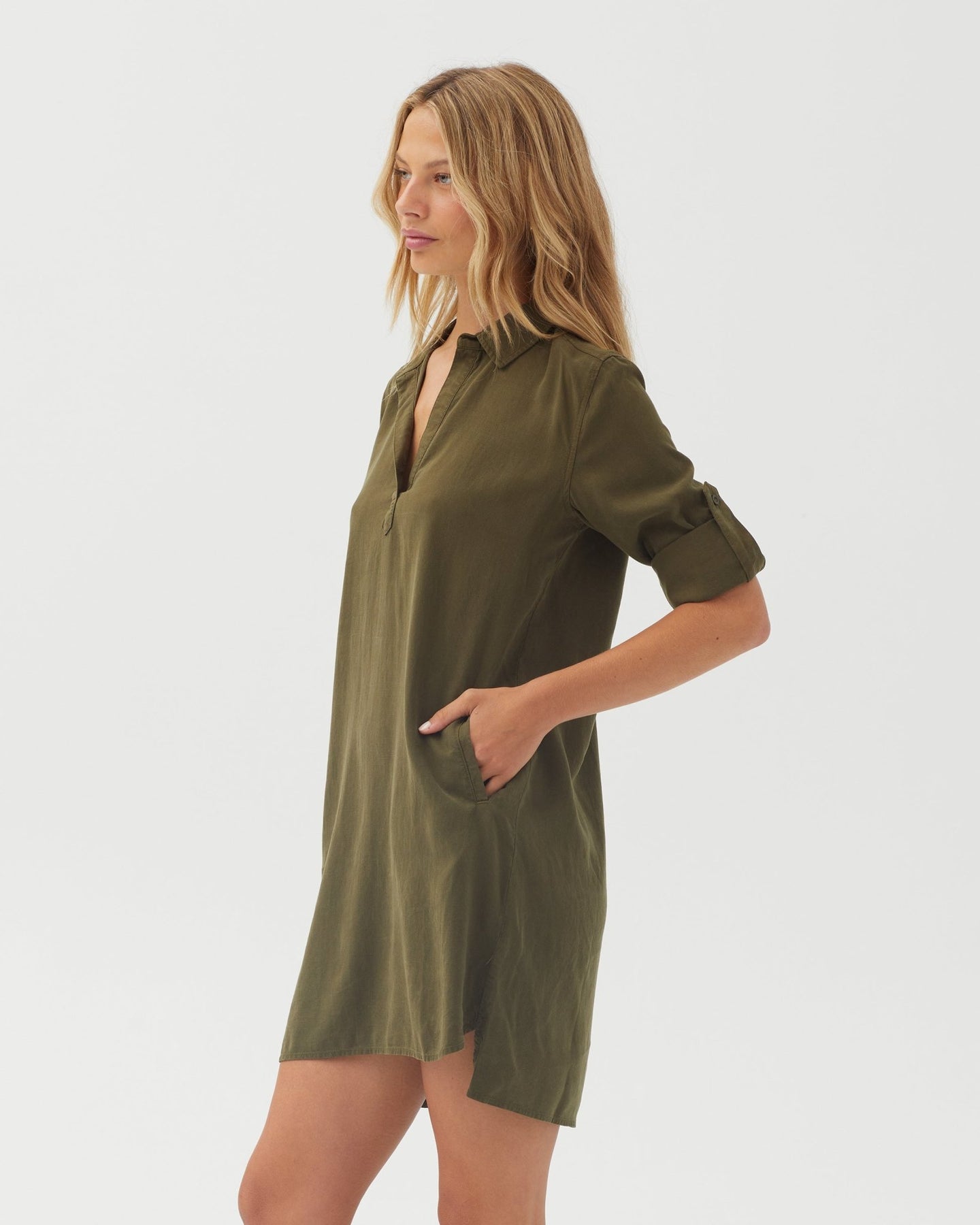 Bella DahlA Line Rolled Tab Sleeve Dress - Olive NightDresses