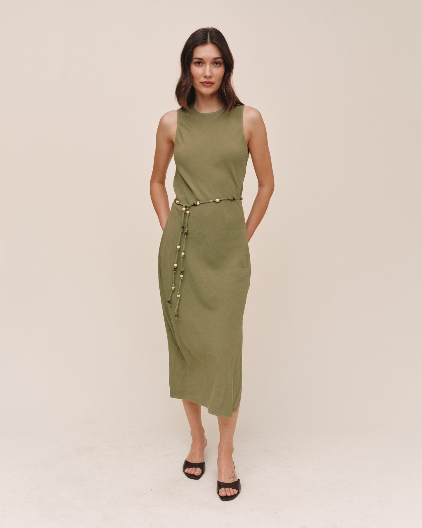 Bella DahlBias Midi Dress With Beaded Belt - Olive LeafDresses