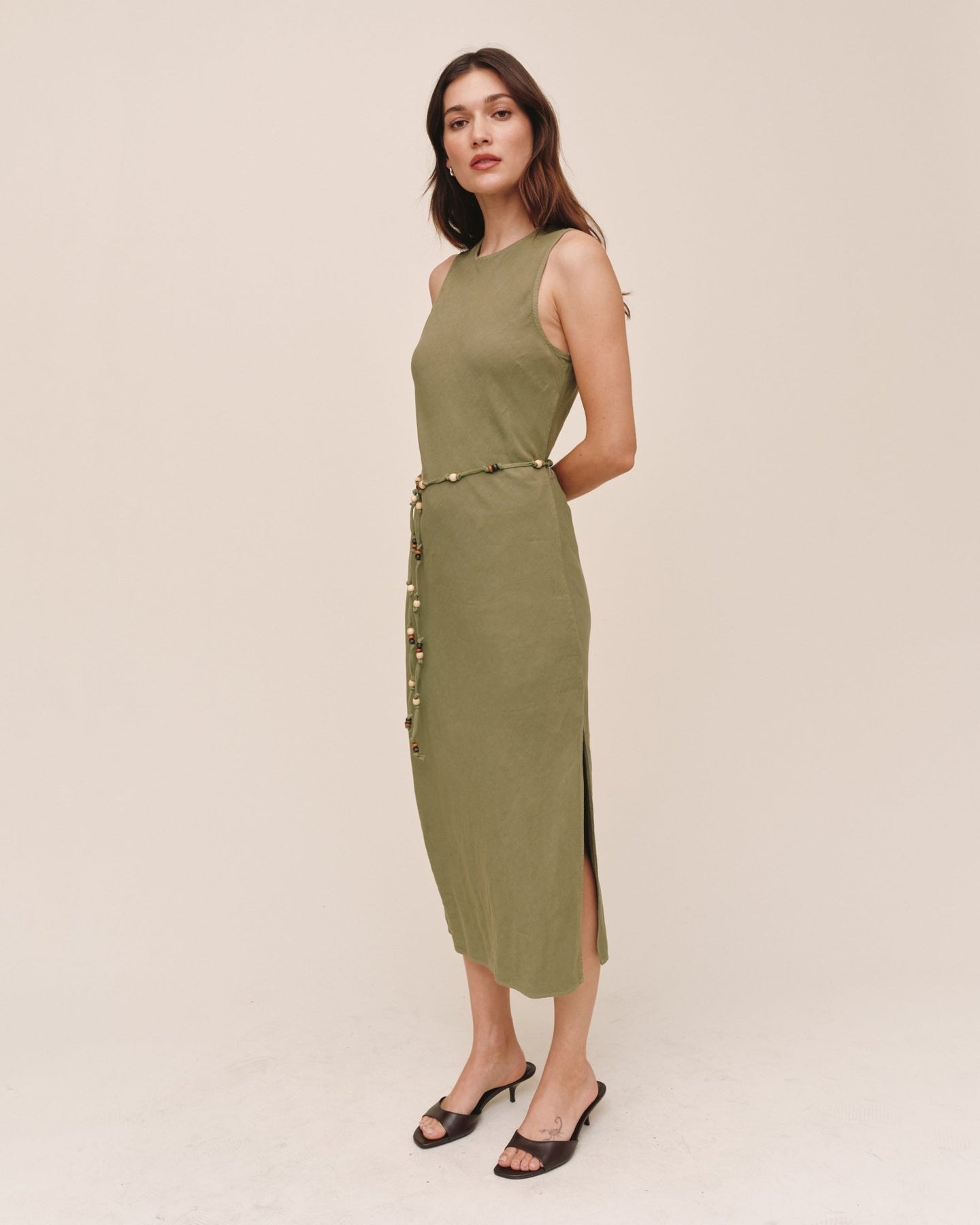 Bella DahlBias Midi Dress With Beaded Belt - Olive LeafDresses