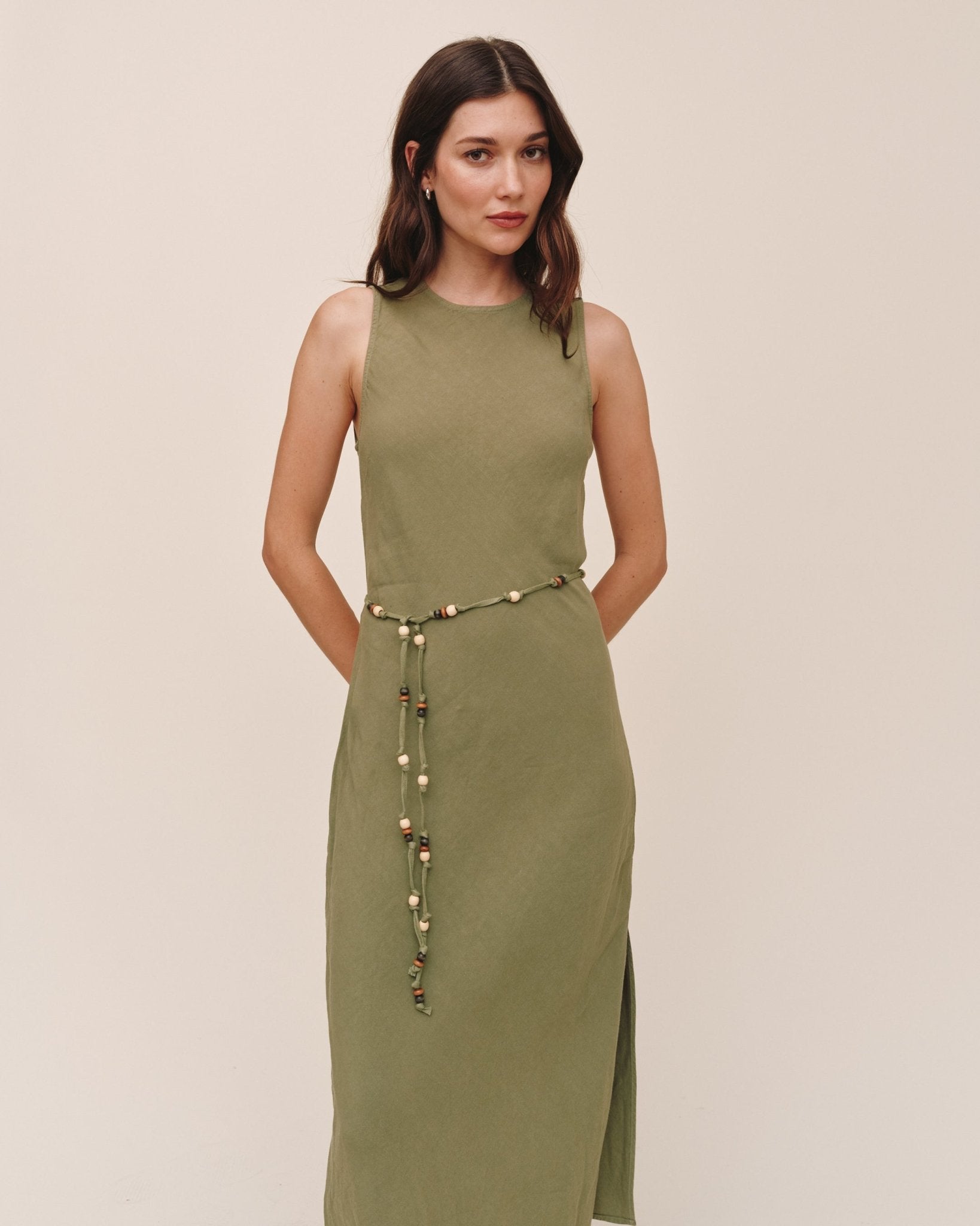 Bias Midi Dress With Beaded Belt | Olive LEAF | L