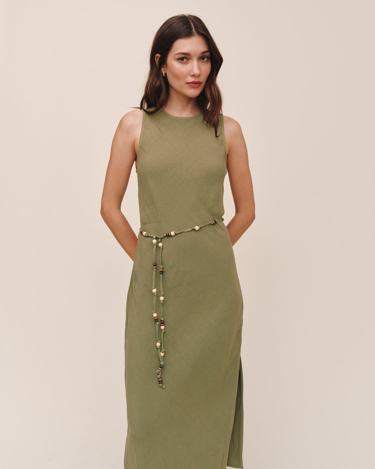 Bella DahlBias Midi Dress With Beaded Belt - Olive LeafDresses