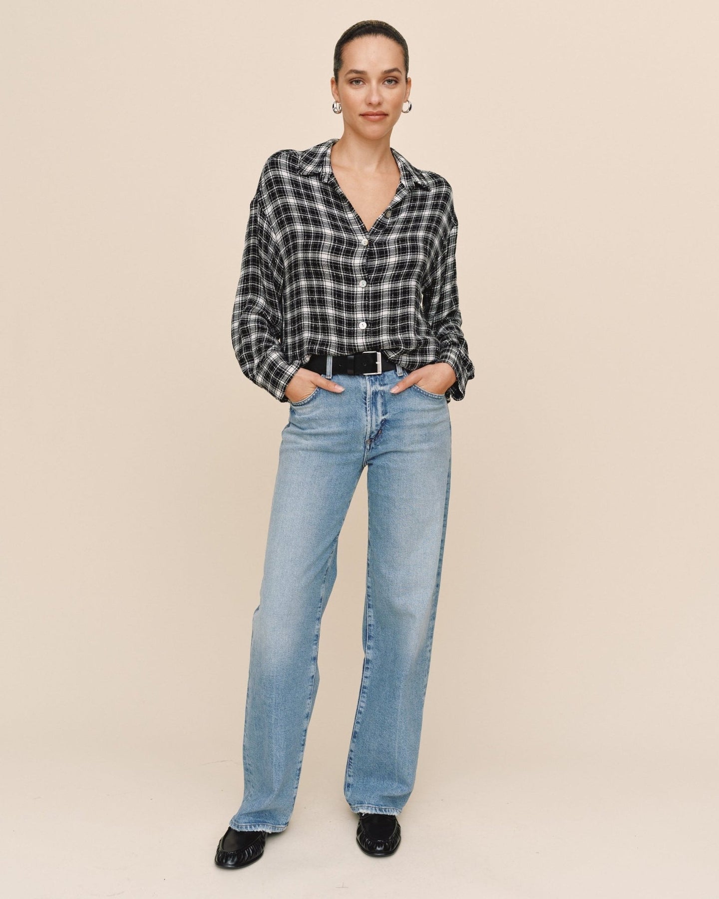 Bella DahlBoyfriend Button Down - Black & White PlaidTops