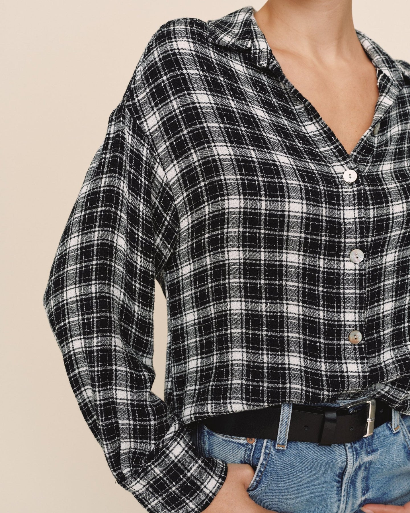Bella DahlBoyfriend Button Down - Black & White PlaidTops