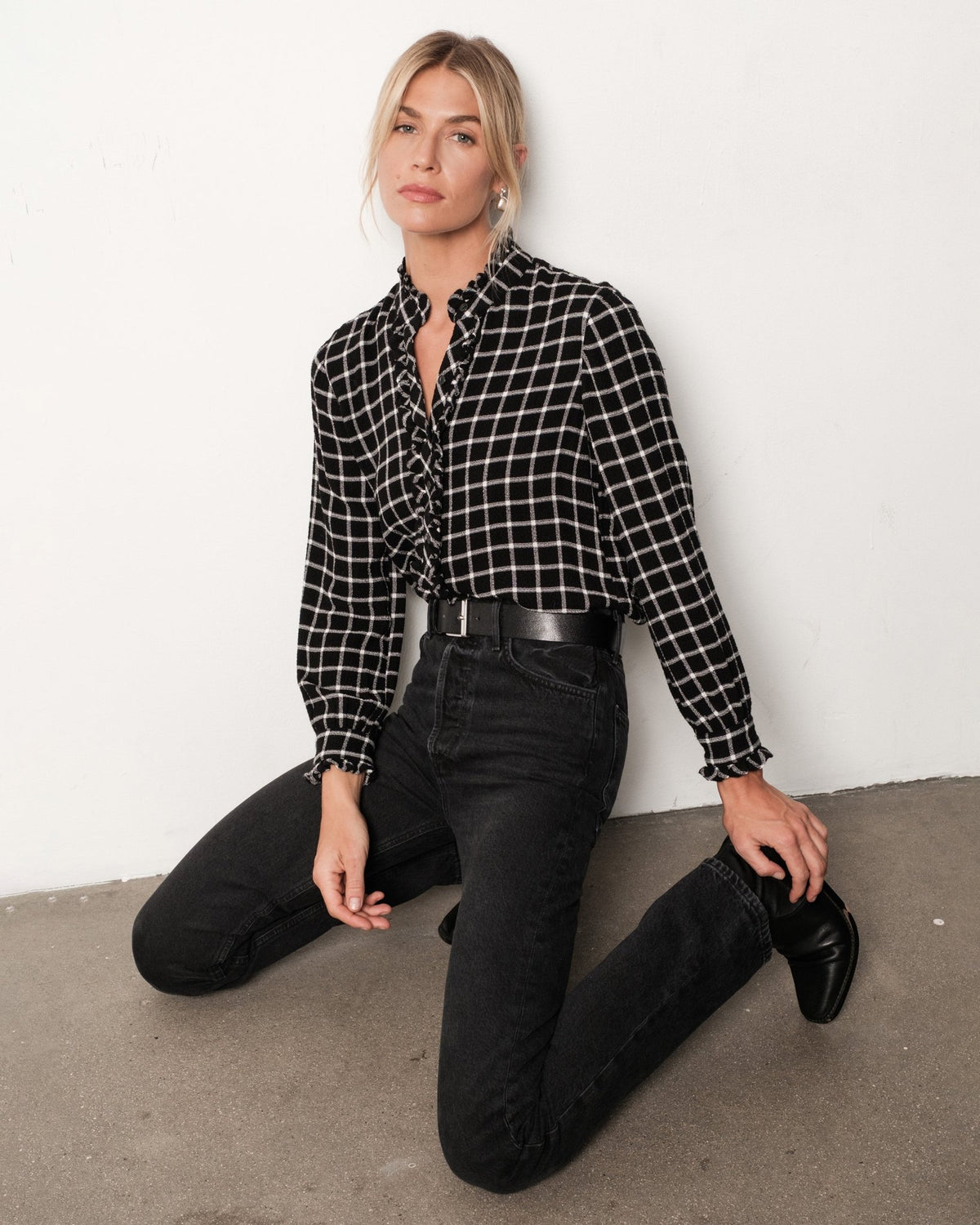Bella DahlButton Down Shirt With Ruffle Edges - Black and White PlaidTops