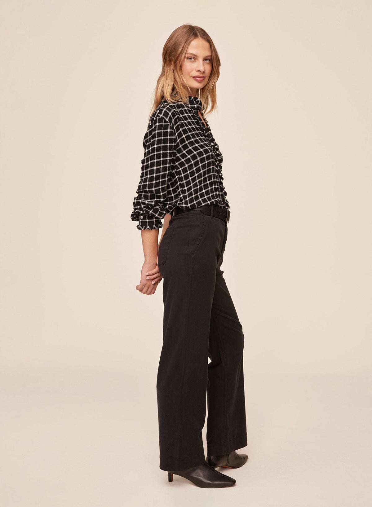 Bella DahlButton Down Shirt With Ruffle Edges - Black and White PlaidTops