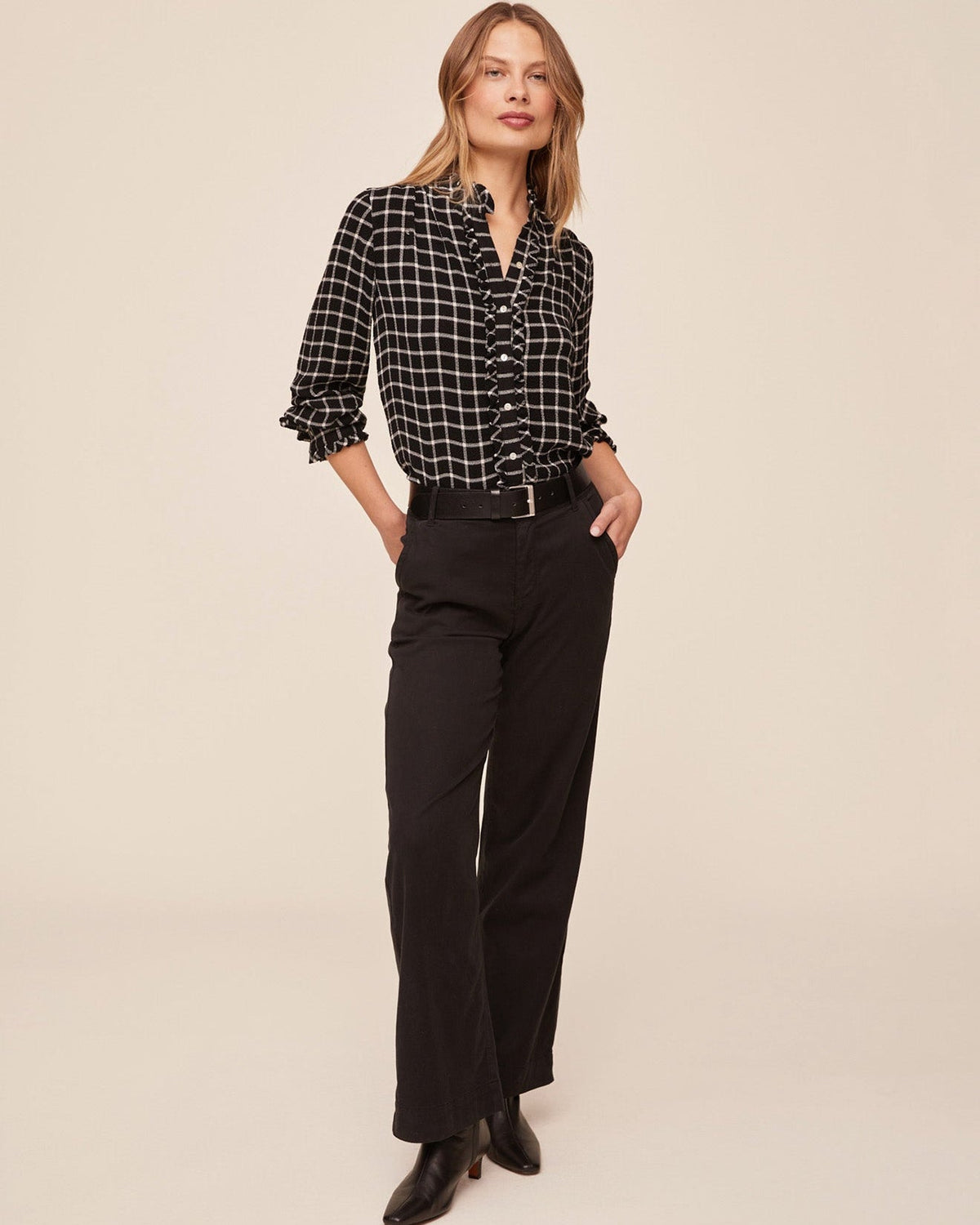 Bella DahlButton Down Shirt With Ruffle Edges - Black and White PlaidTops