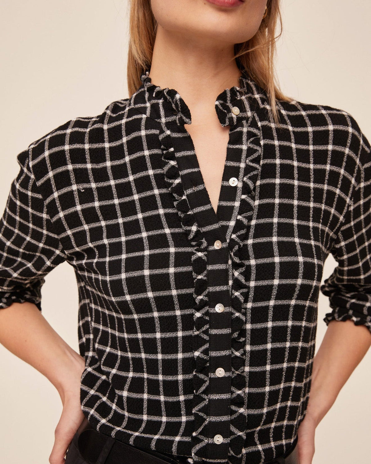 Bella DahlButton Down Shirt With Ruffle Edges - Black and White PlaidTops