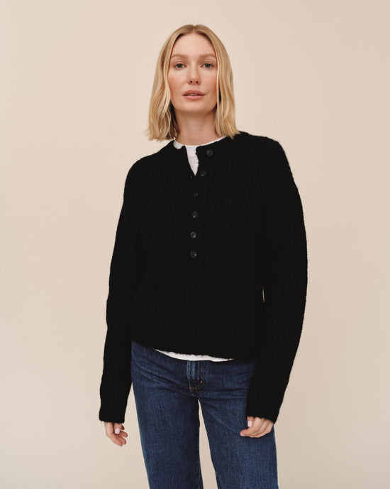 Bella Dahl Button Placket Pullover Sweater - Black