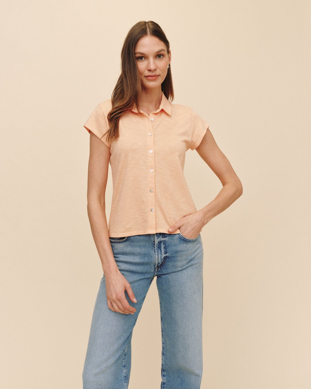 Bella DahlCap Sleeve Button Down - Golden BlushTops