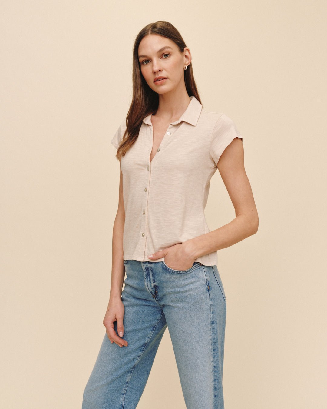 Bella DahlCap Sleeve Button Down - Linen SandTops