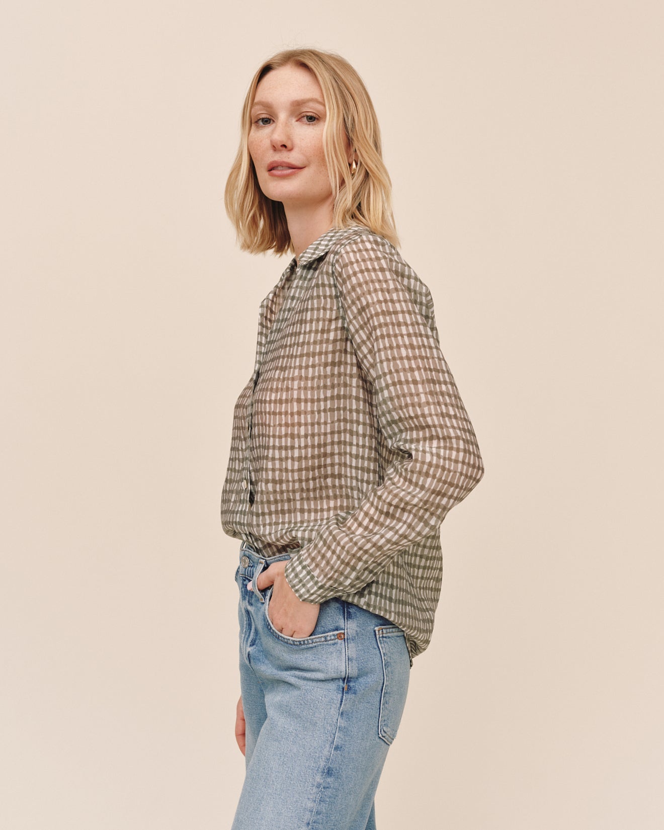 Bella DahlClassic Button Down - Olive Gingham PrintTops