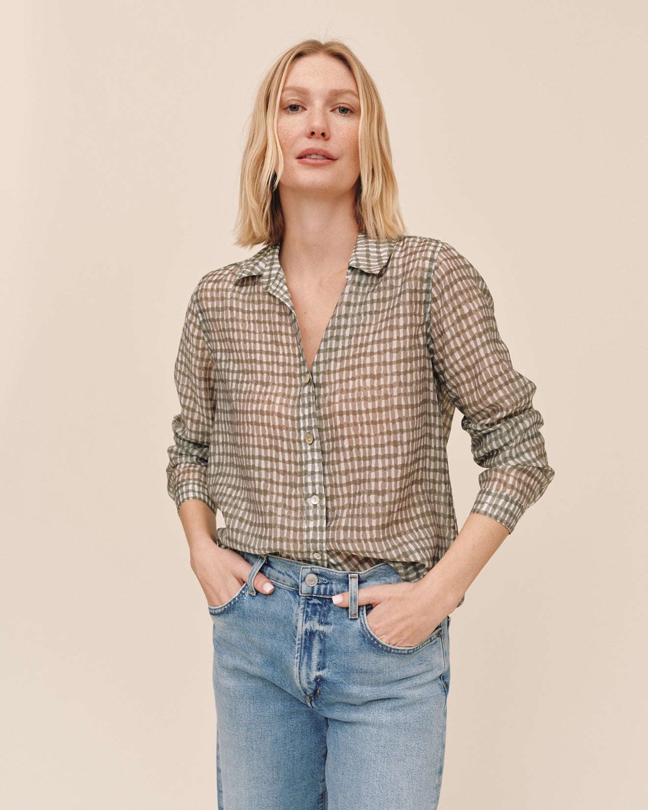 Bella DahlClassic Button Down - Olive Gingham PrintTops