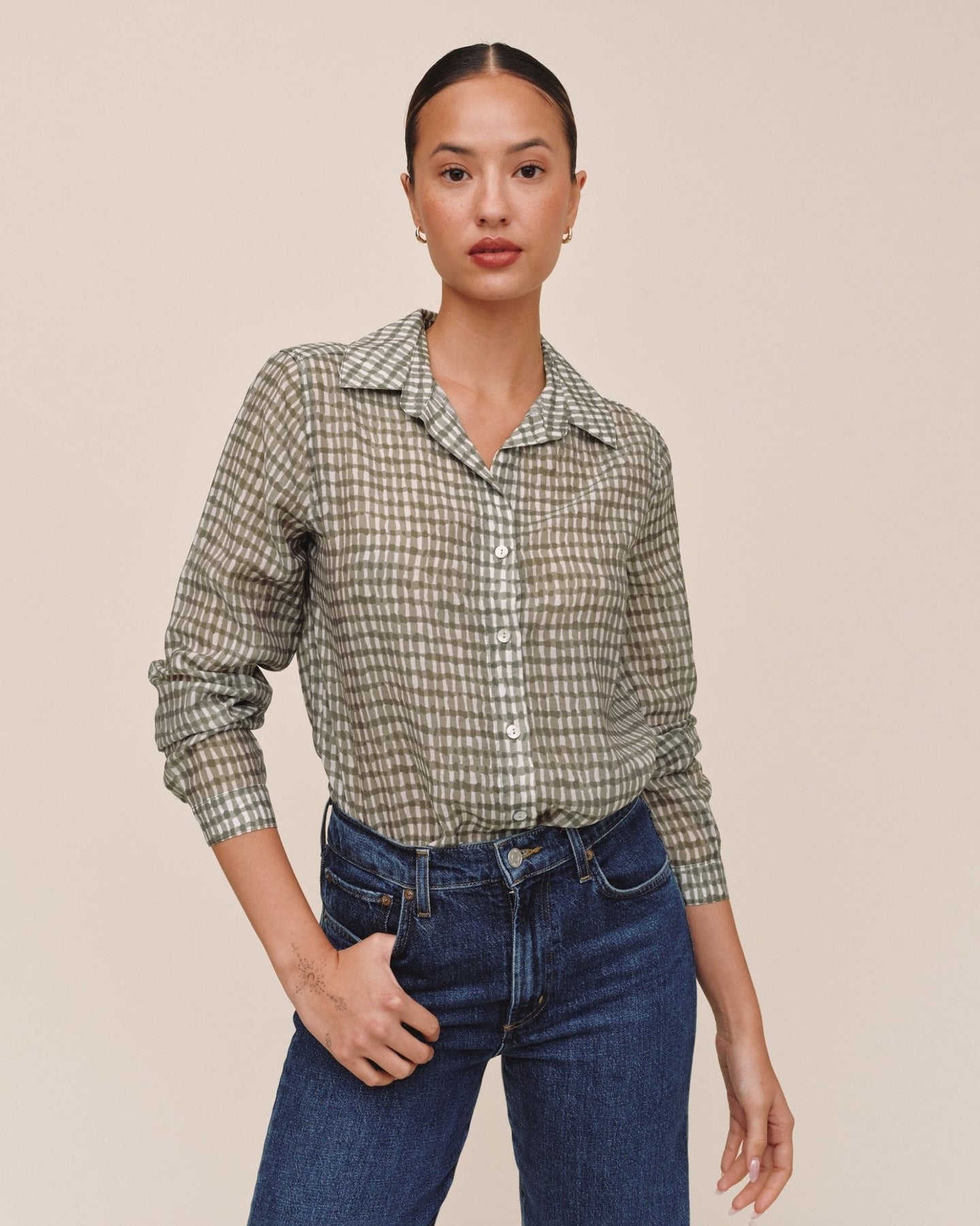 Bella DahlClassic Button Down - Olive Gingham PrintTops