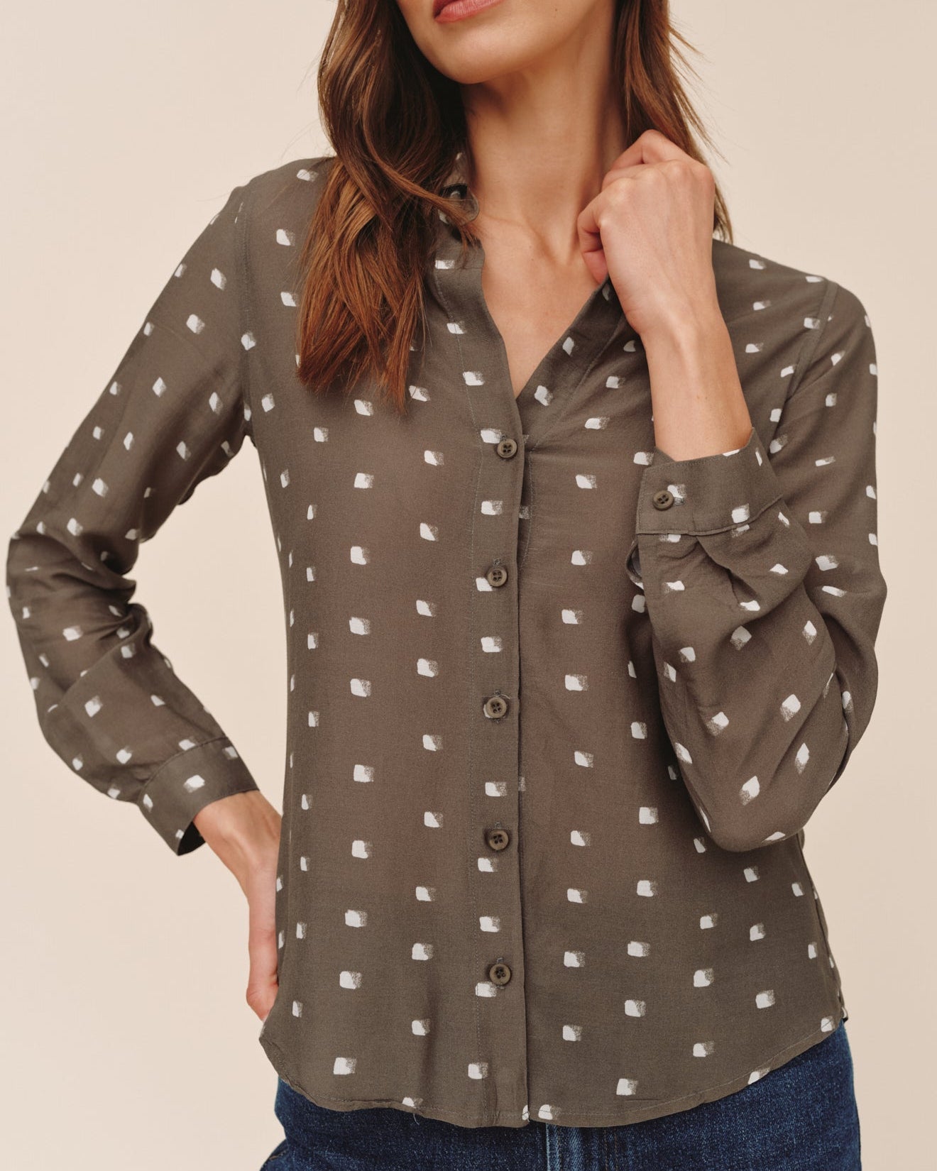 Bella DahlClassic Button Down - Olive Mosaic PrintTops