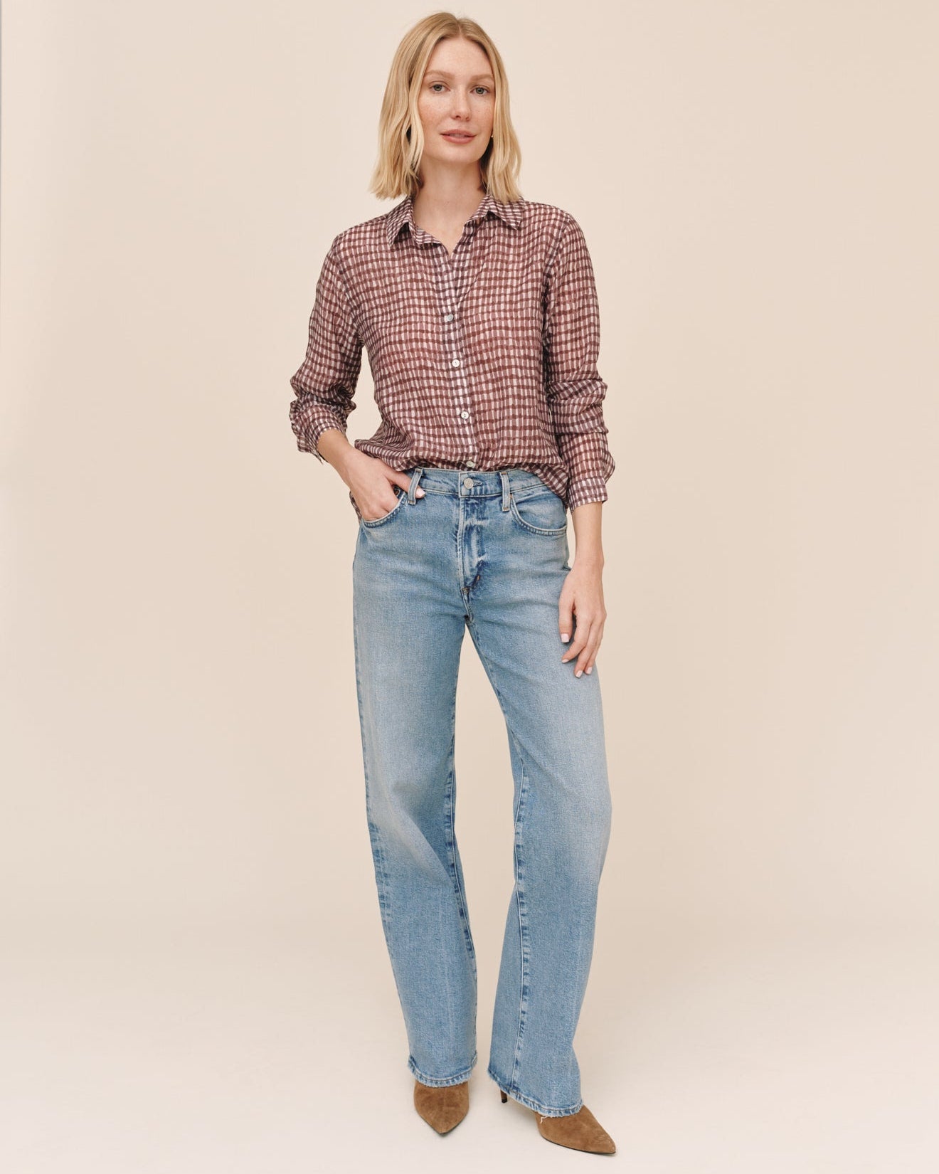 Bella DahlClassic Button Down - Plum Gingham PrintTops