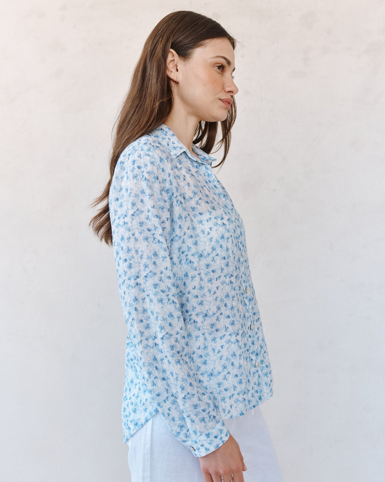 Bella DahlClassic Button Down Shirt - Blue Ditsy Floral PrintTops