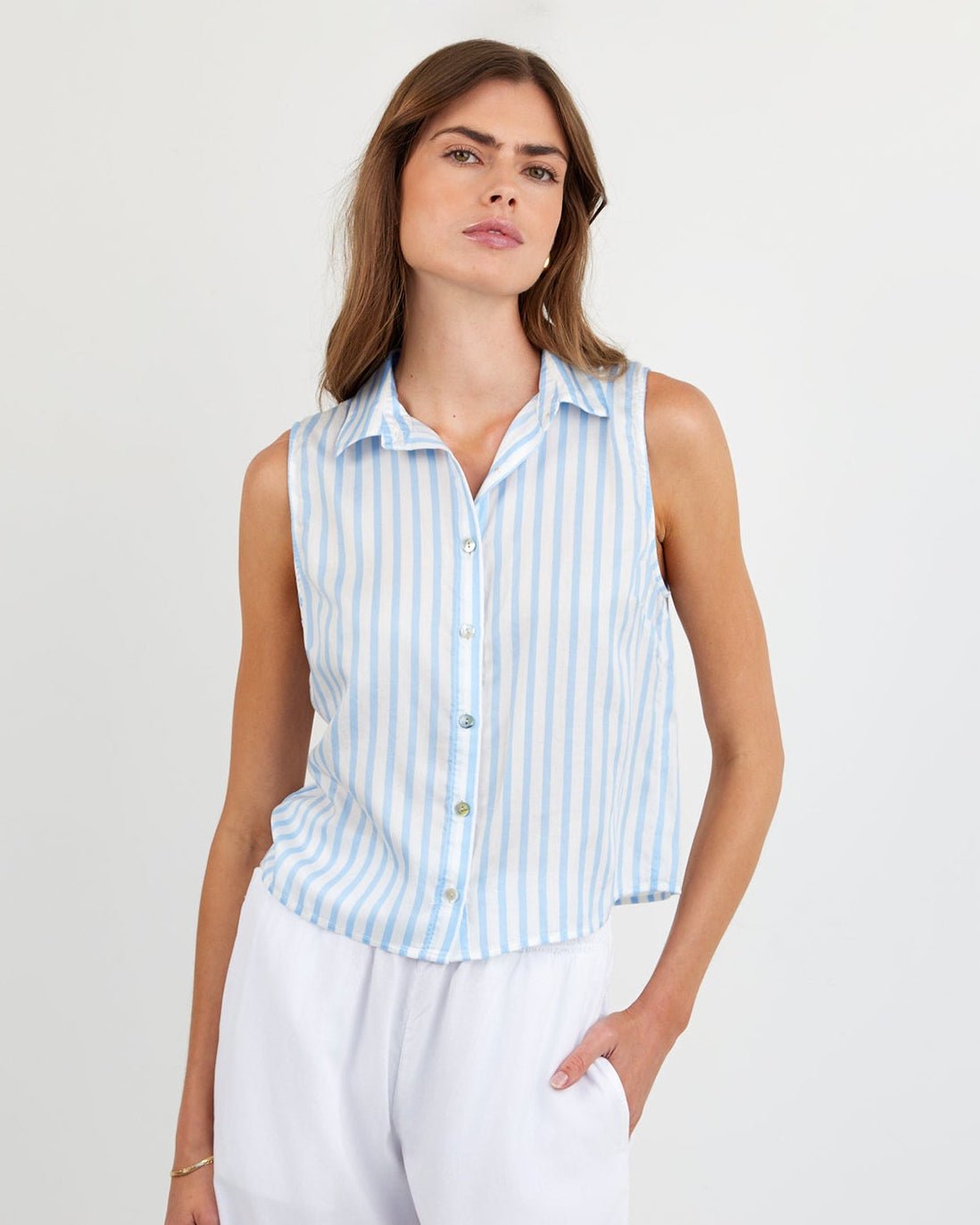 Bella DahlClean Sleeveless Button Down - Tidal Blue StripeTops