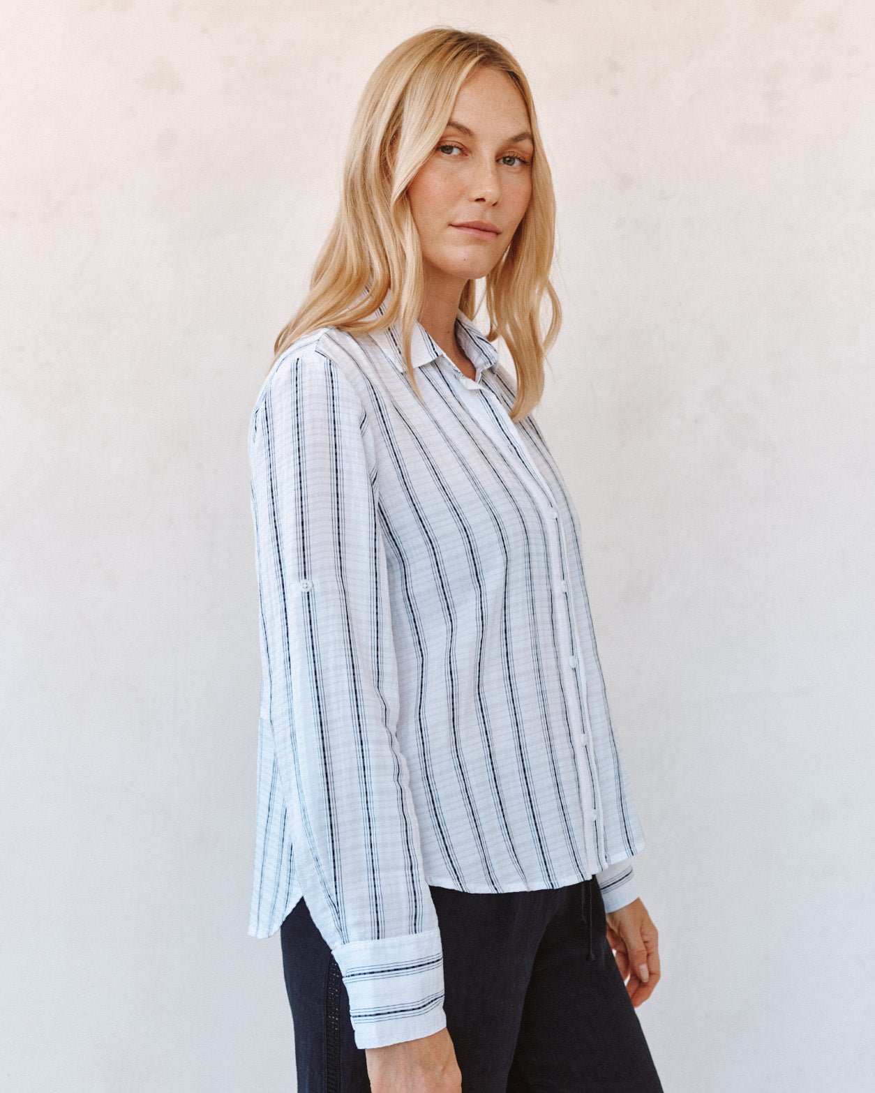 Bella DahlClean Split Back Button Down Shirt - Black & White Shadow StripeTops