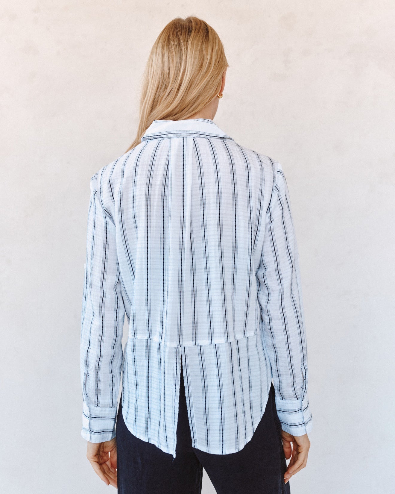Bella DahlClean Split Back Button Down Shirt - Black & White Shadow StripeTops