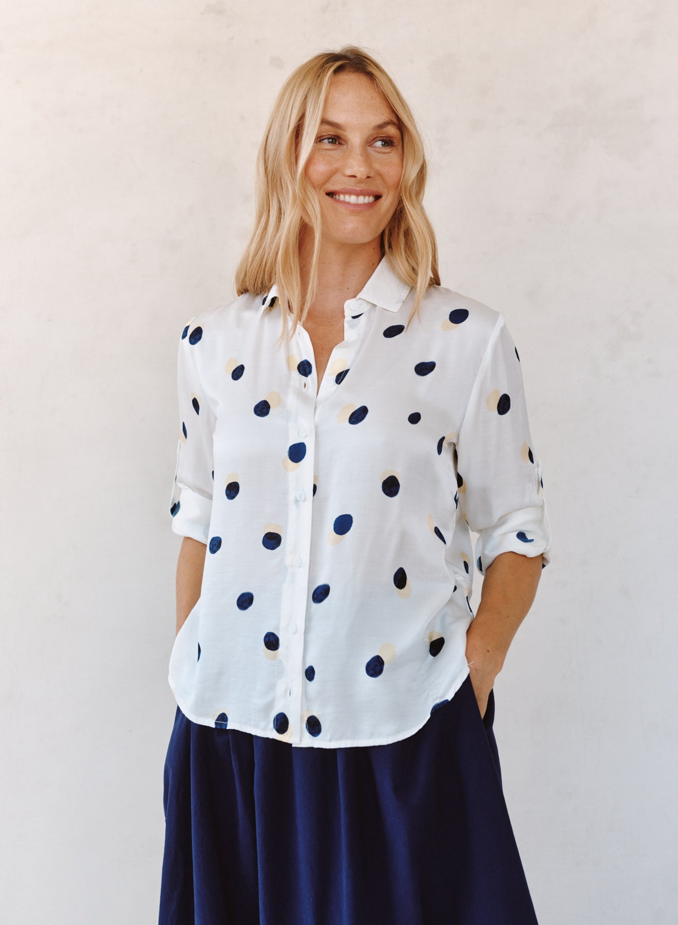 Bella DahlClean Split Back Button Down - Spring Dots PrintTops
