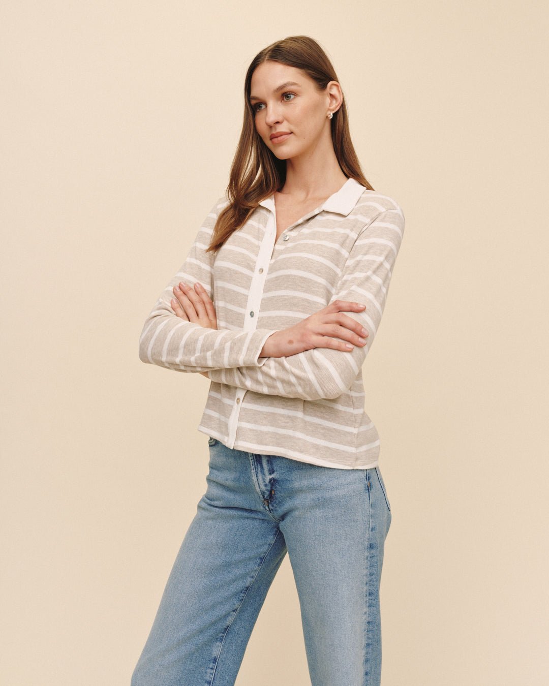 Bella DahlContrast Placket Button Down - Sand StripeTops