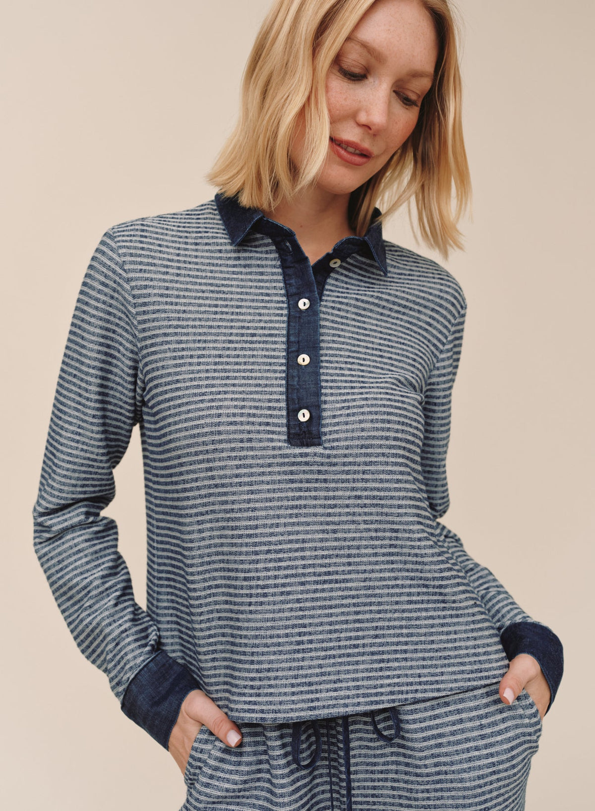 Bella DahlContrast Polo Shirt - Heathered IndigoTops