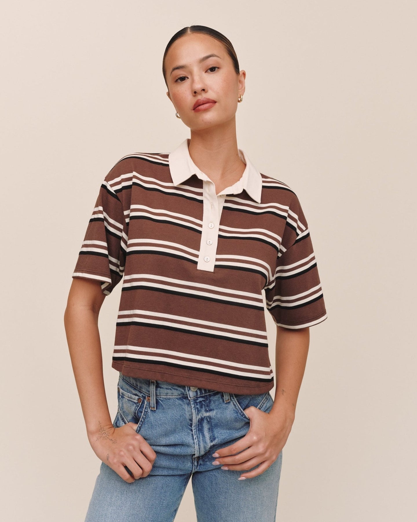 Bella DahlCrop Polo Tee - Rugby StripeTops