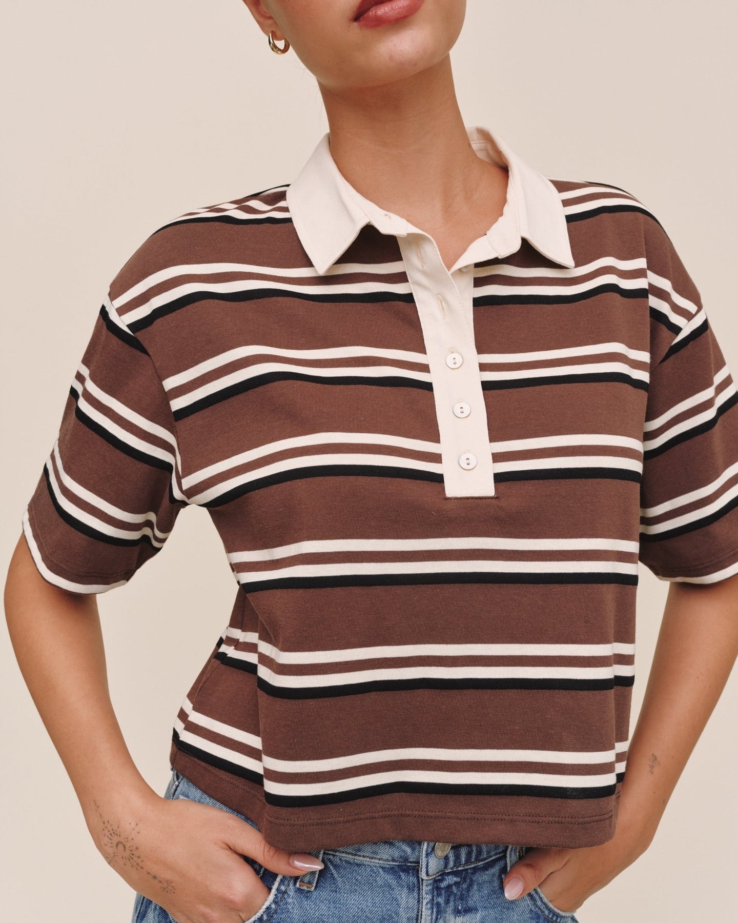 Bella DahlCrop Polo Tee - Rugby StripeTops