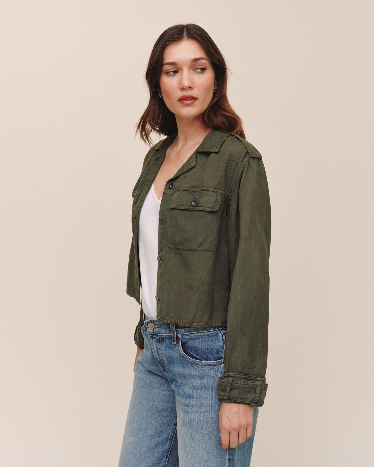 Bella DahlCropped Utility Jacket With Fray Hem - Smoked OliveCoats & Jackets
