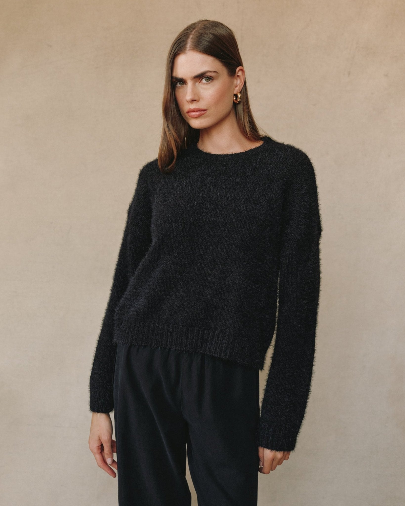 Cozy Drop Shoulder Fuzzy Chenille Sweater in Black - Bella Dahl