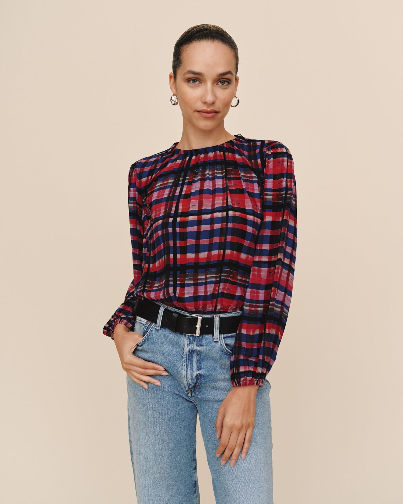 Bella DahlElastic Shirred Top - Winter Plaid PrintTops