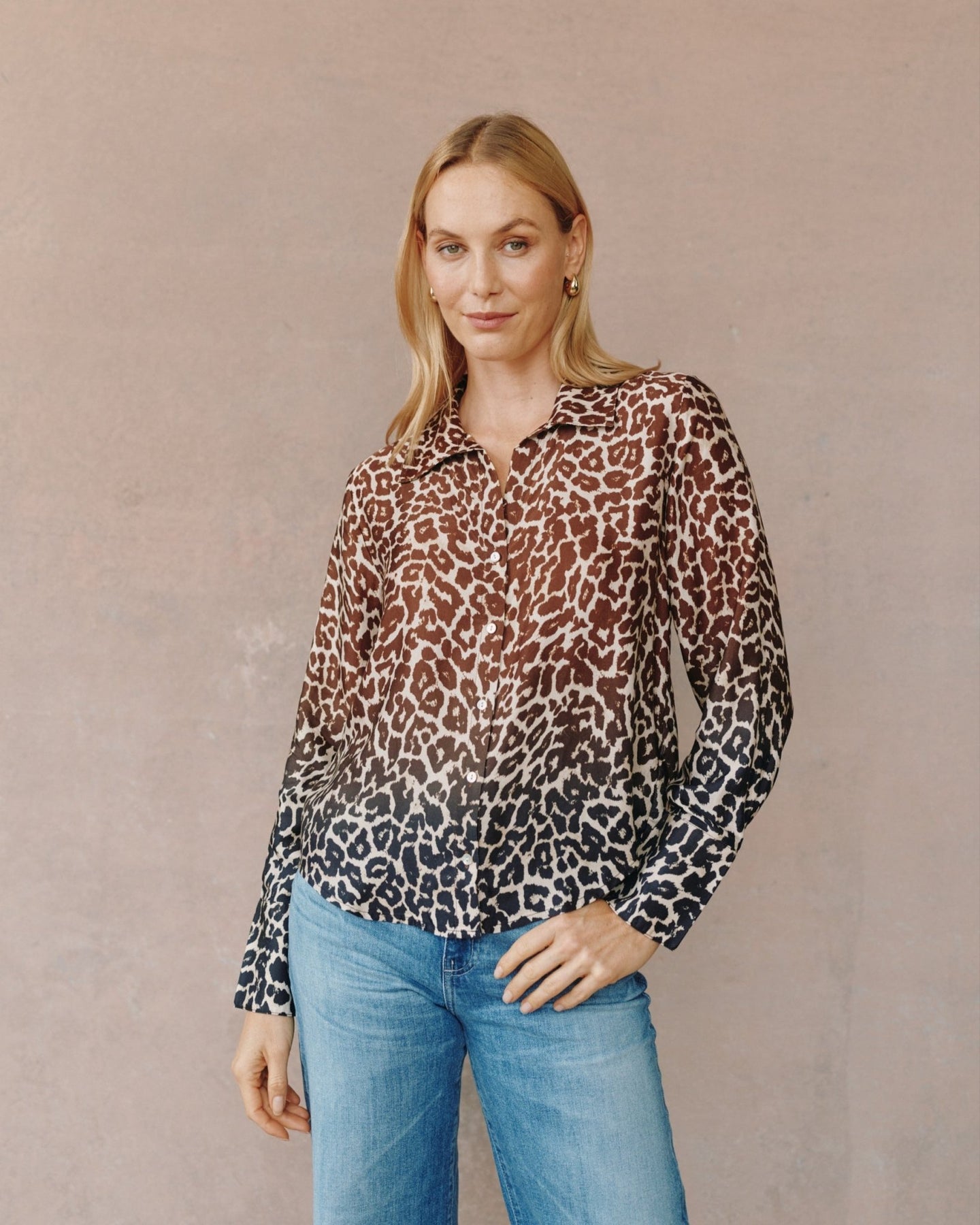 Bella DahlFlowy Wide Collar Button Down - Ombre Leopard PrintTops
