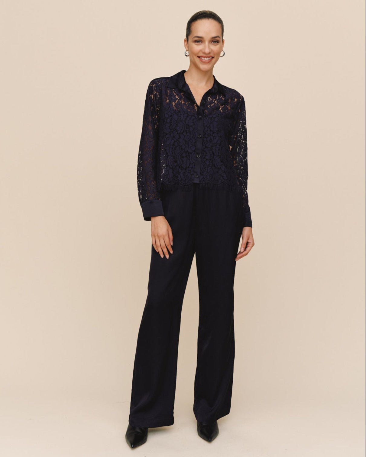Bella DahlLace Contrast Button Down - Midnight SkyTops