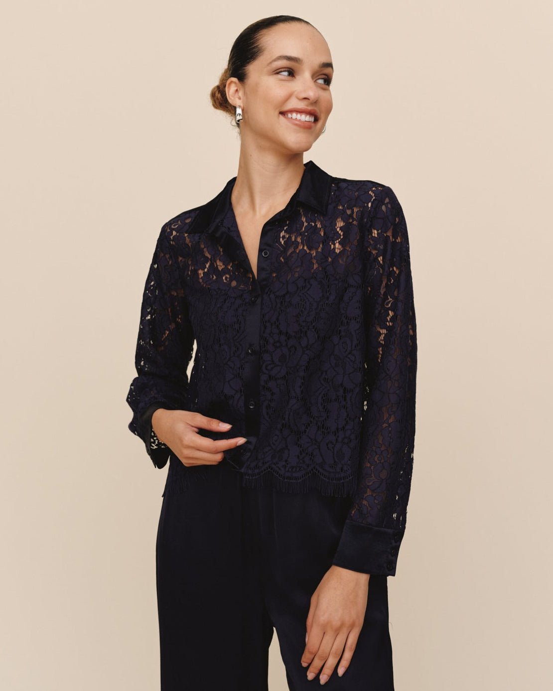 Bella DahlLace Contrast Button Down - Midnight SkyTops