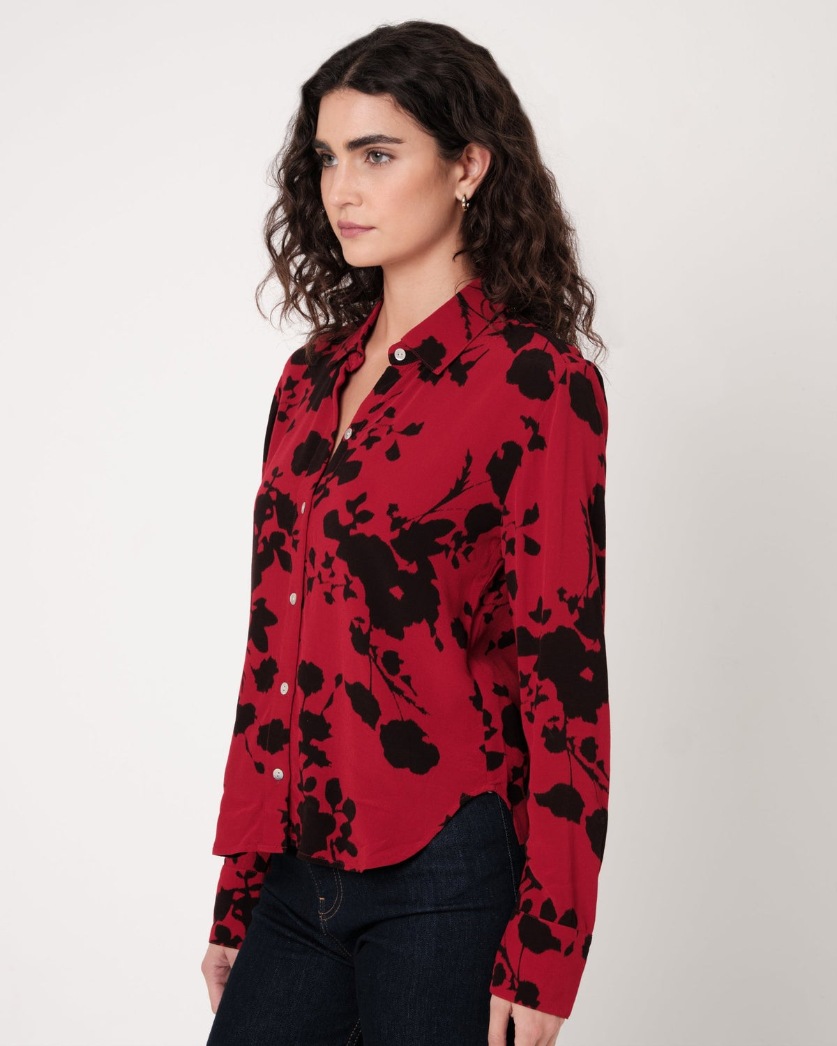 Bella DahlLong Sleeve Button Up Shirt With Wide Cuff - Bordeaux FloralTops