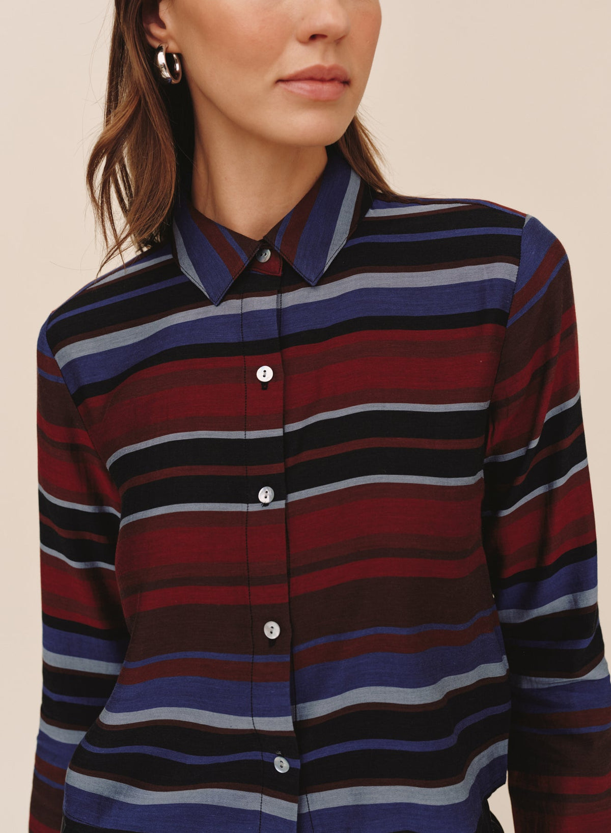 Bella DahlLong Sleeve Clean Crop Button Down - Winter Berry StripeTops