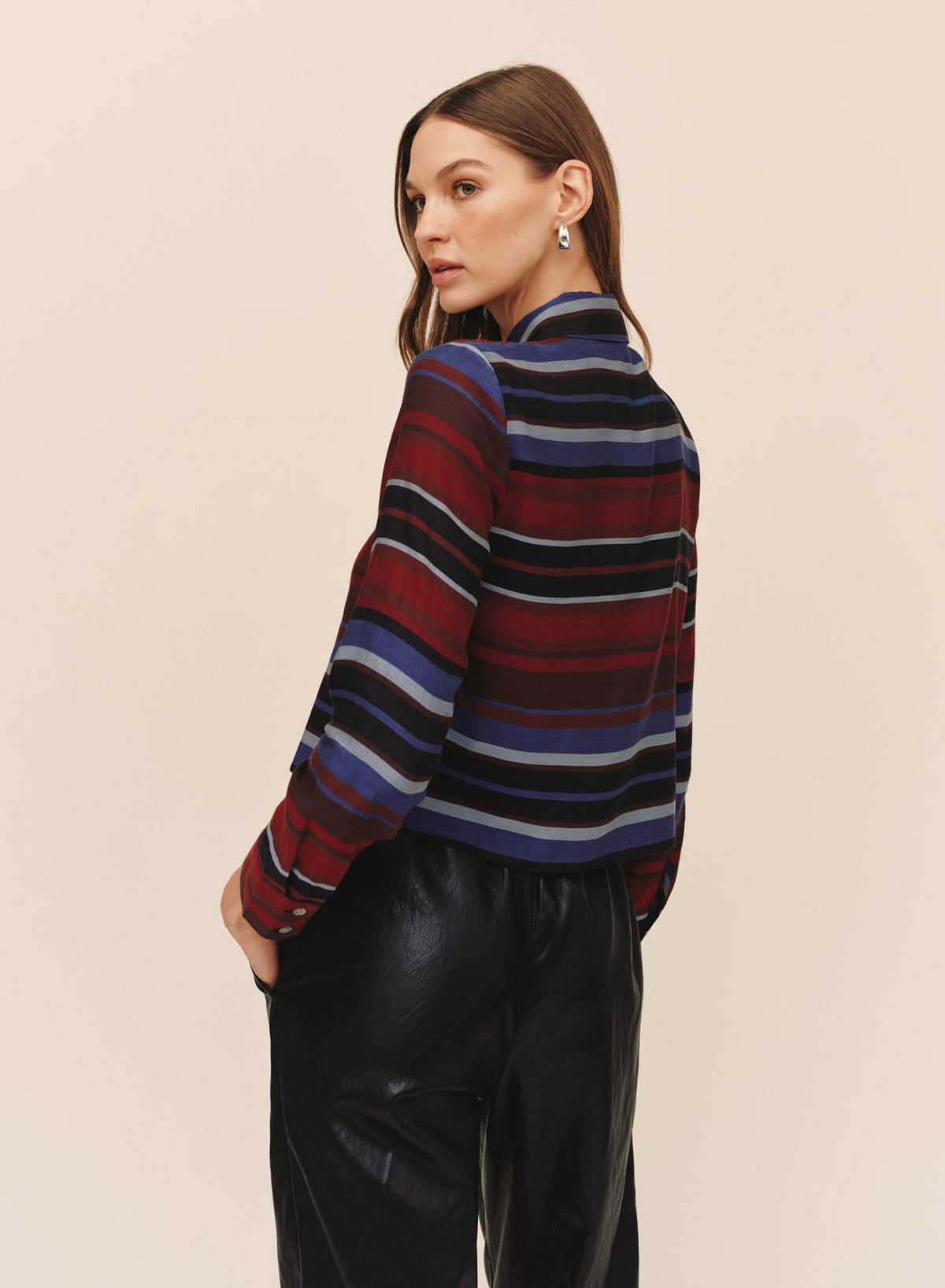 Bella DahlLong Sleeve Clean Crop Button Down - Winter Berry StripeTops