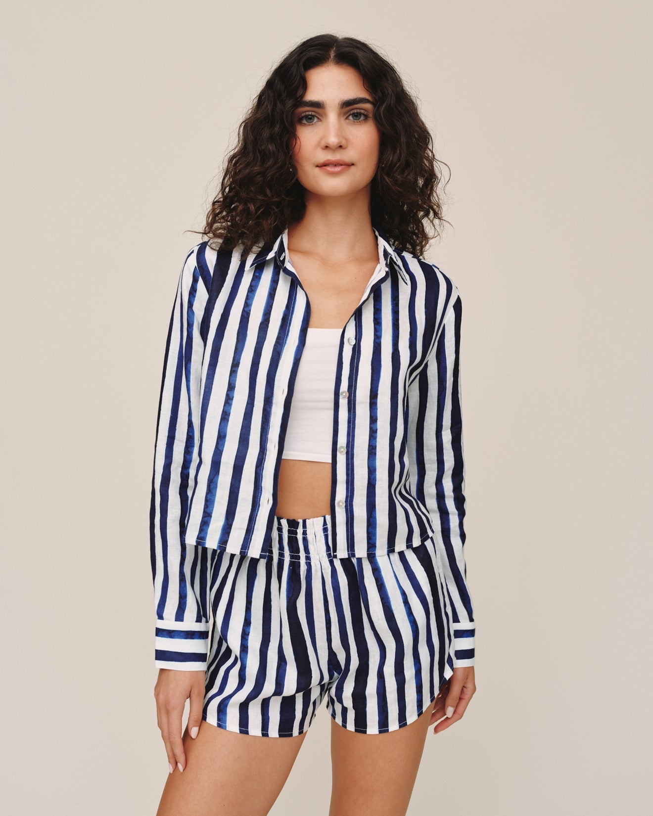 Bella DahlLong Sleeve Crop Shirt - Painted Tides StripeTops