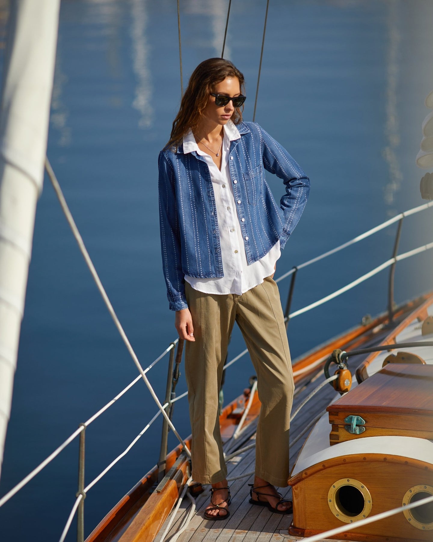 Bella DahlLong Sleeve Cropped Shirt - Indigo StripeTops