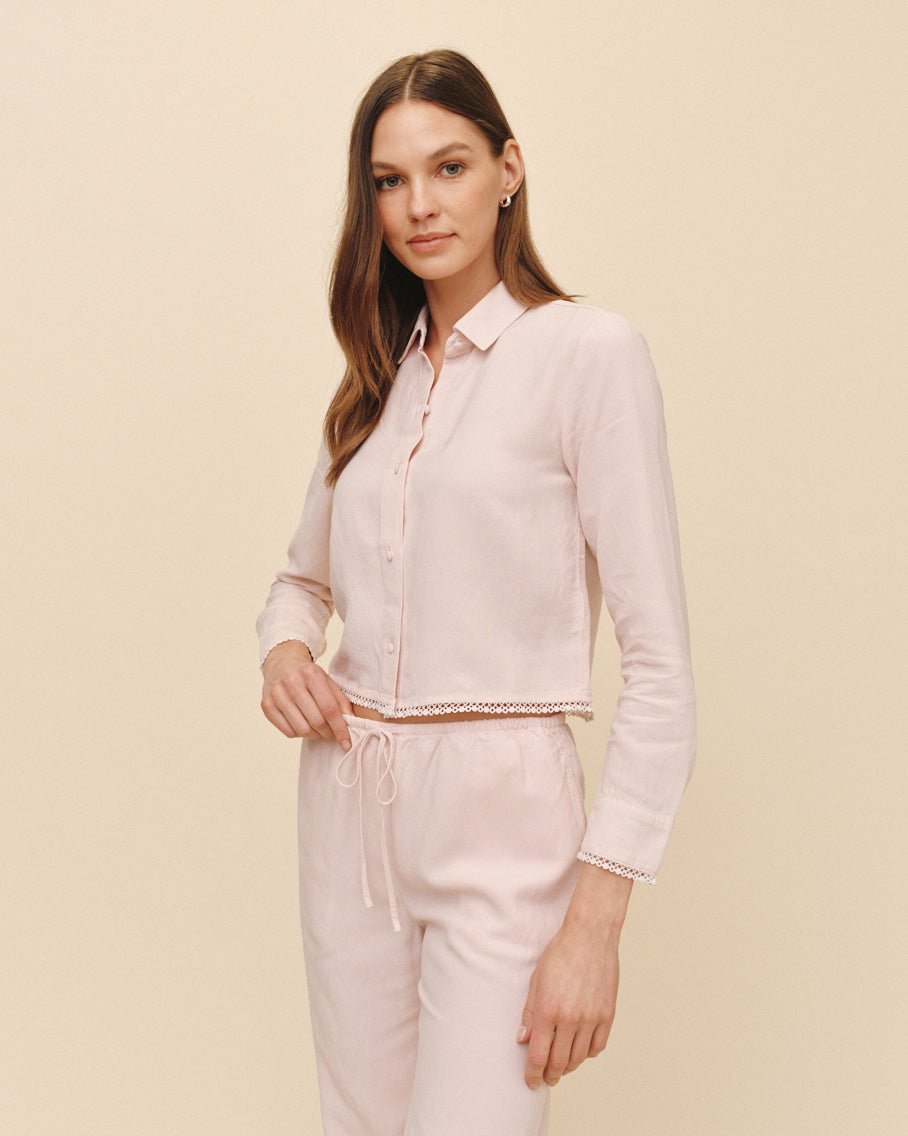 Bella DahlLong Sleeve Cropped Shirt With Trim - Ballet PinkTops