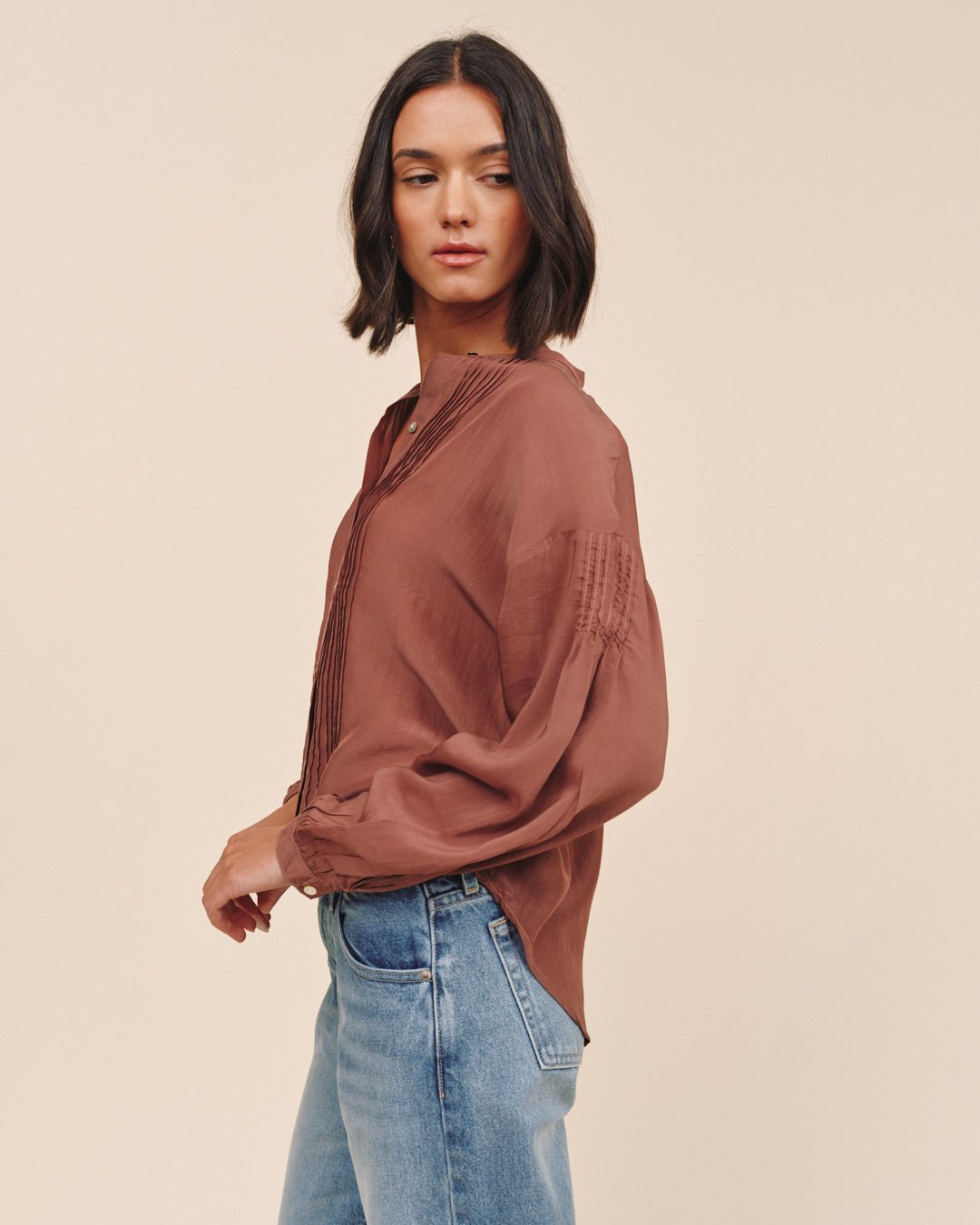 Bella DahlLong Sleeve Drop Shoulder Pintuck Shirt - Mocha CloudTops