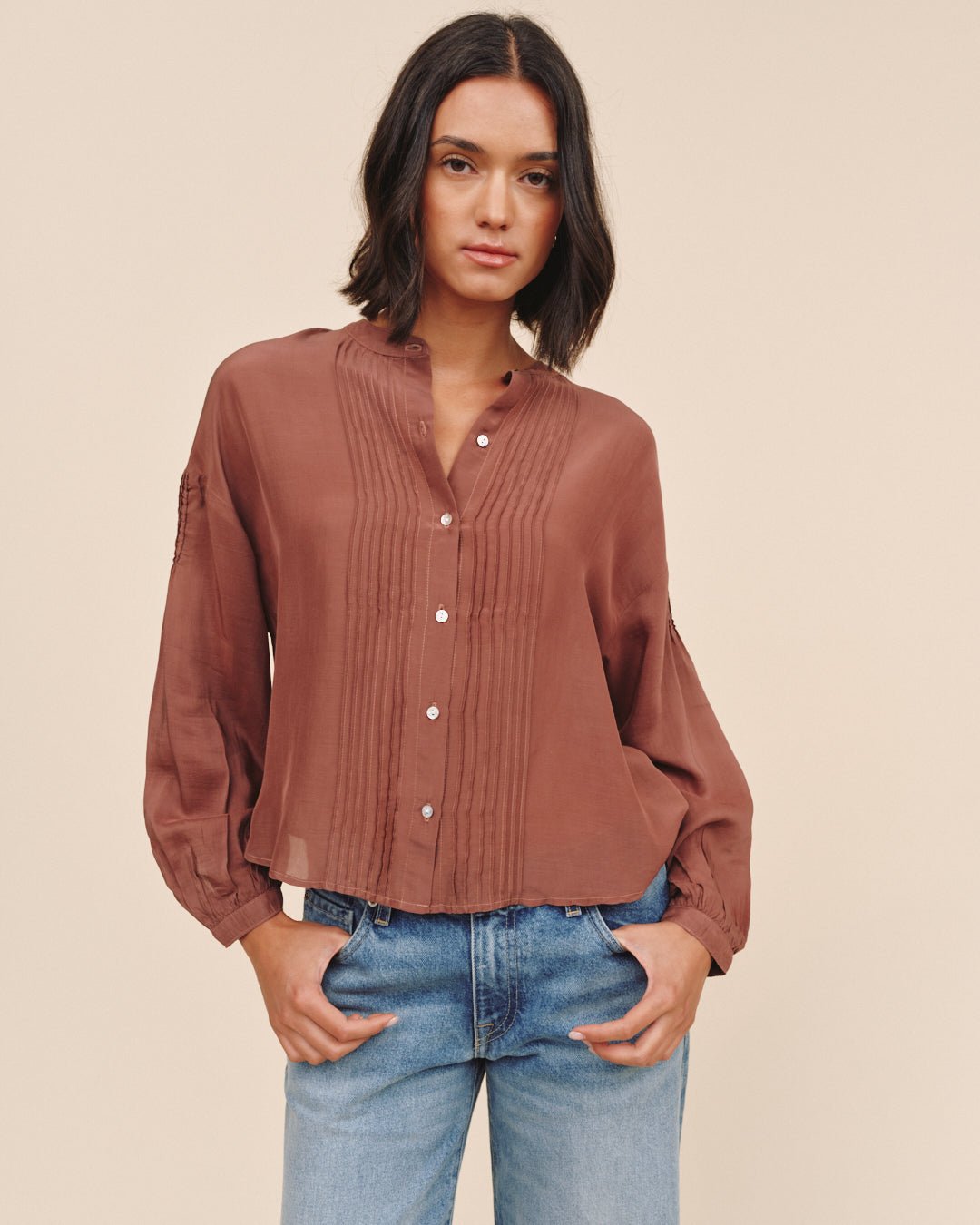 Bella DahlLong Sleeve Drop Shoulder Pintuck Shirt - Mocha CloudTops