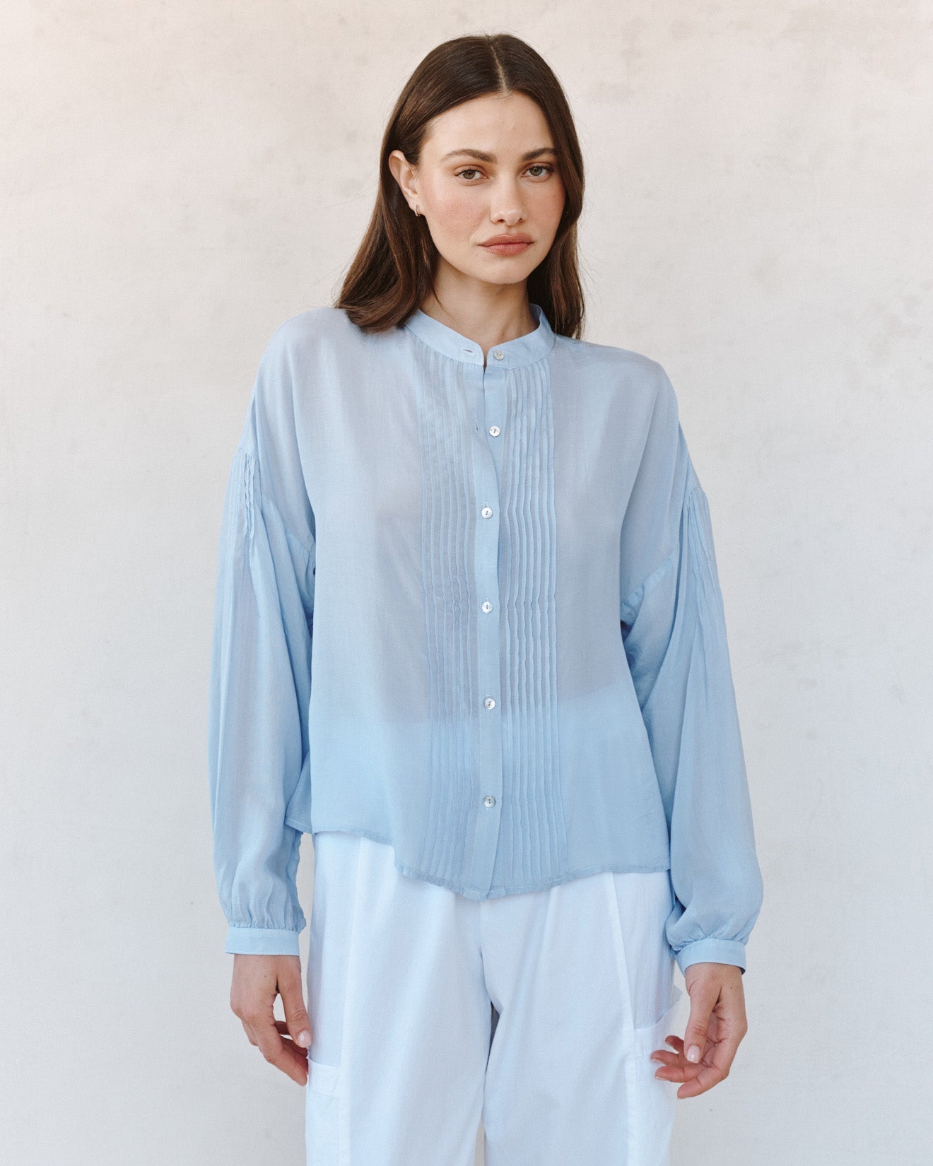 Long Sleeve Drop Shoulder Pintuck Shirt - Soft Sky – Bella Dahl