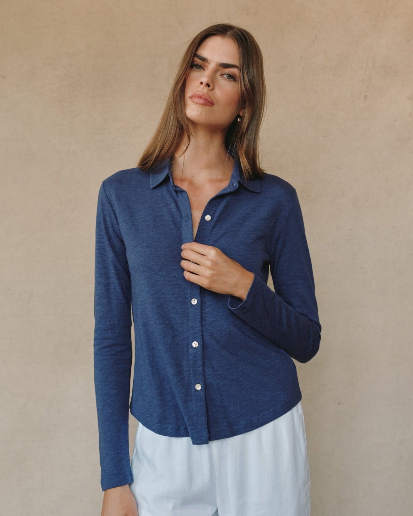 Bella DahlLong Sleeve Knit Button Down - Hudson BlueTops