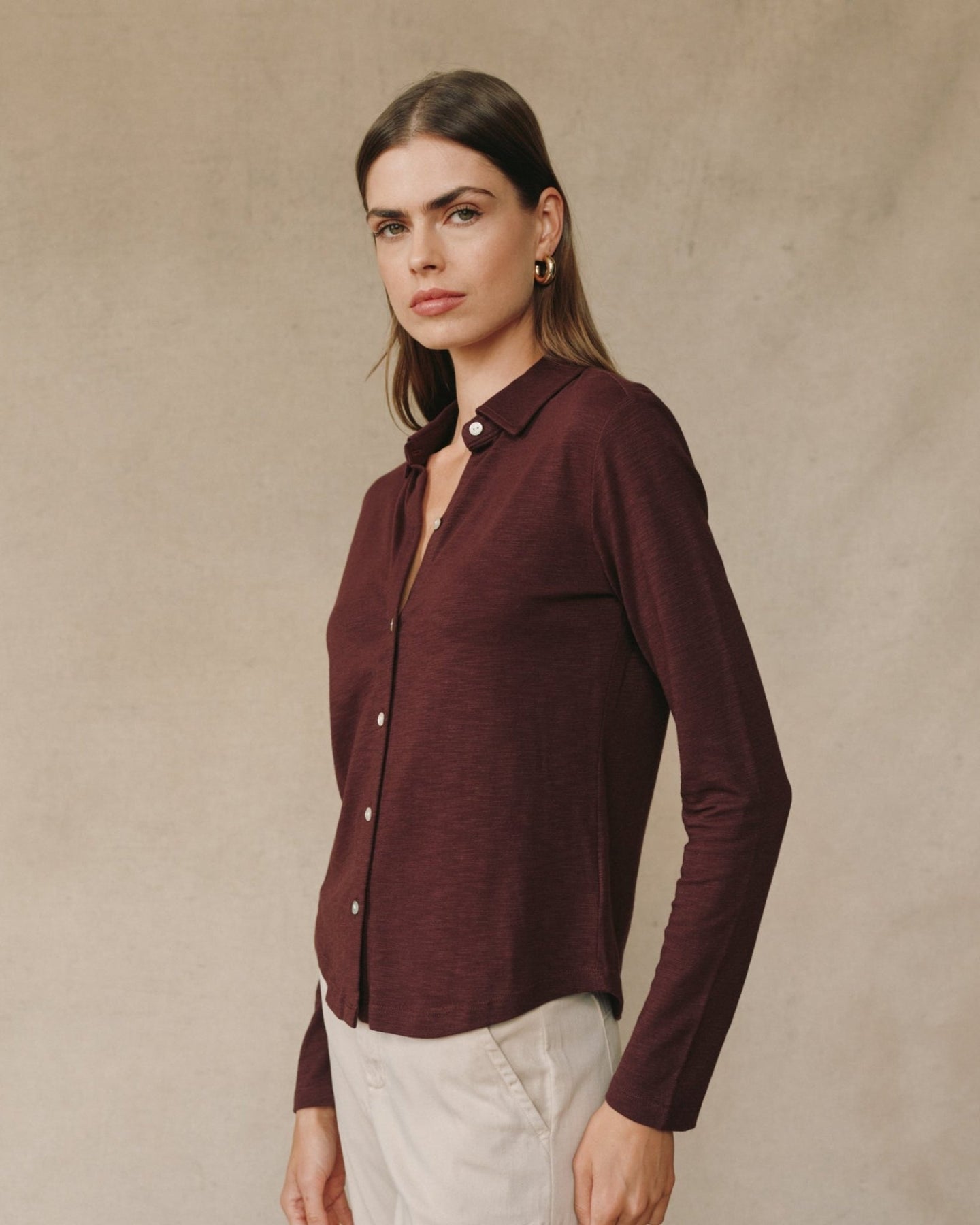 Bella DahlLong Sleeve Knit Button Down - Pinot NoirTops