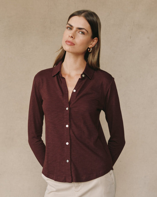 Bella Dahl Long Sleeve Knit Button Down - Pinot Noir View 2