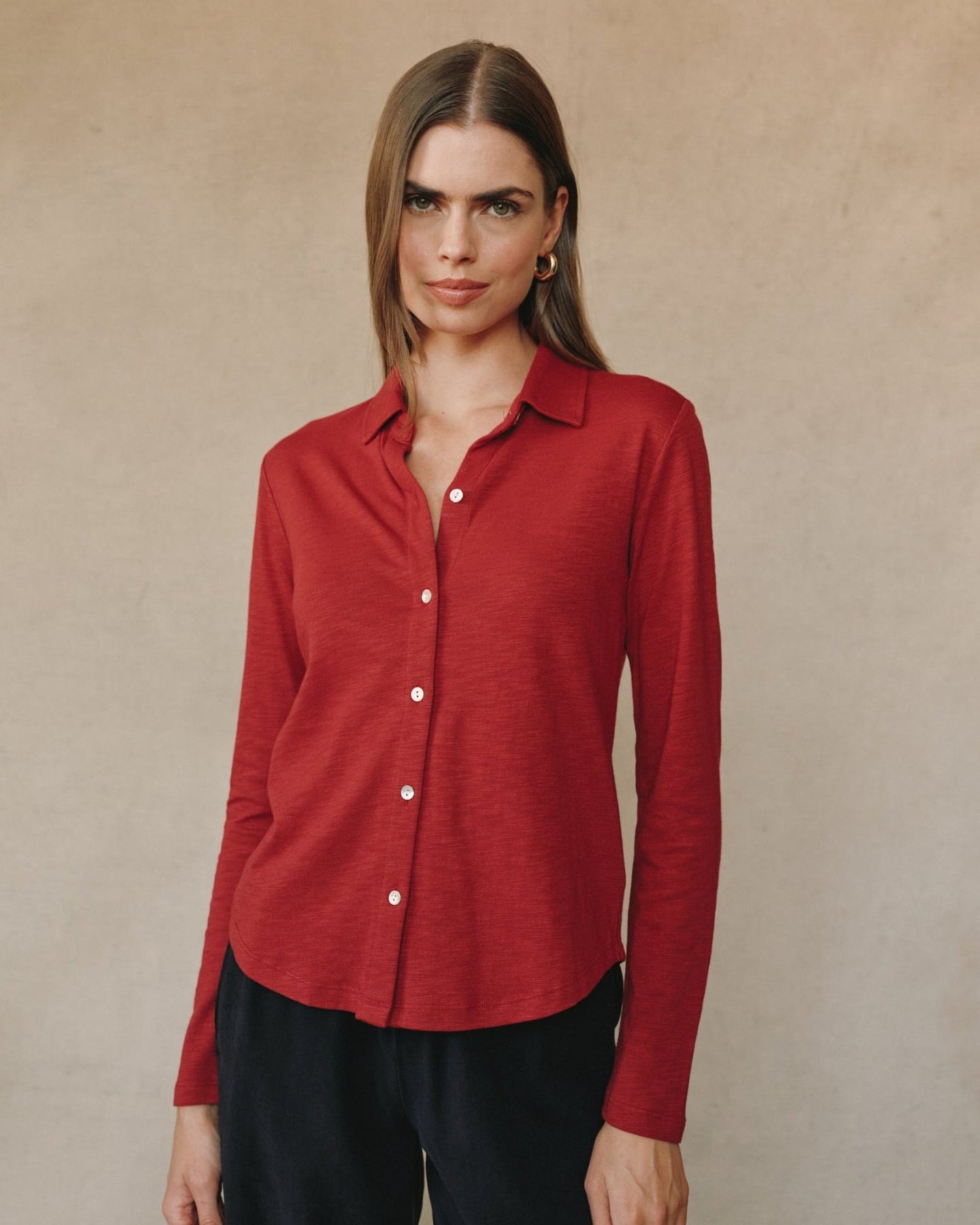 Bella DahlLong Sleeve Knit Button Down - Ruby RedTops