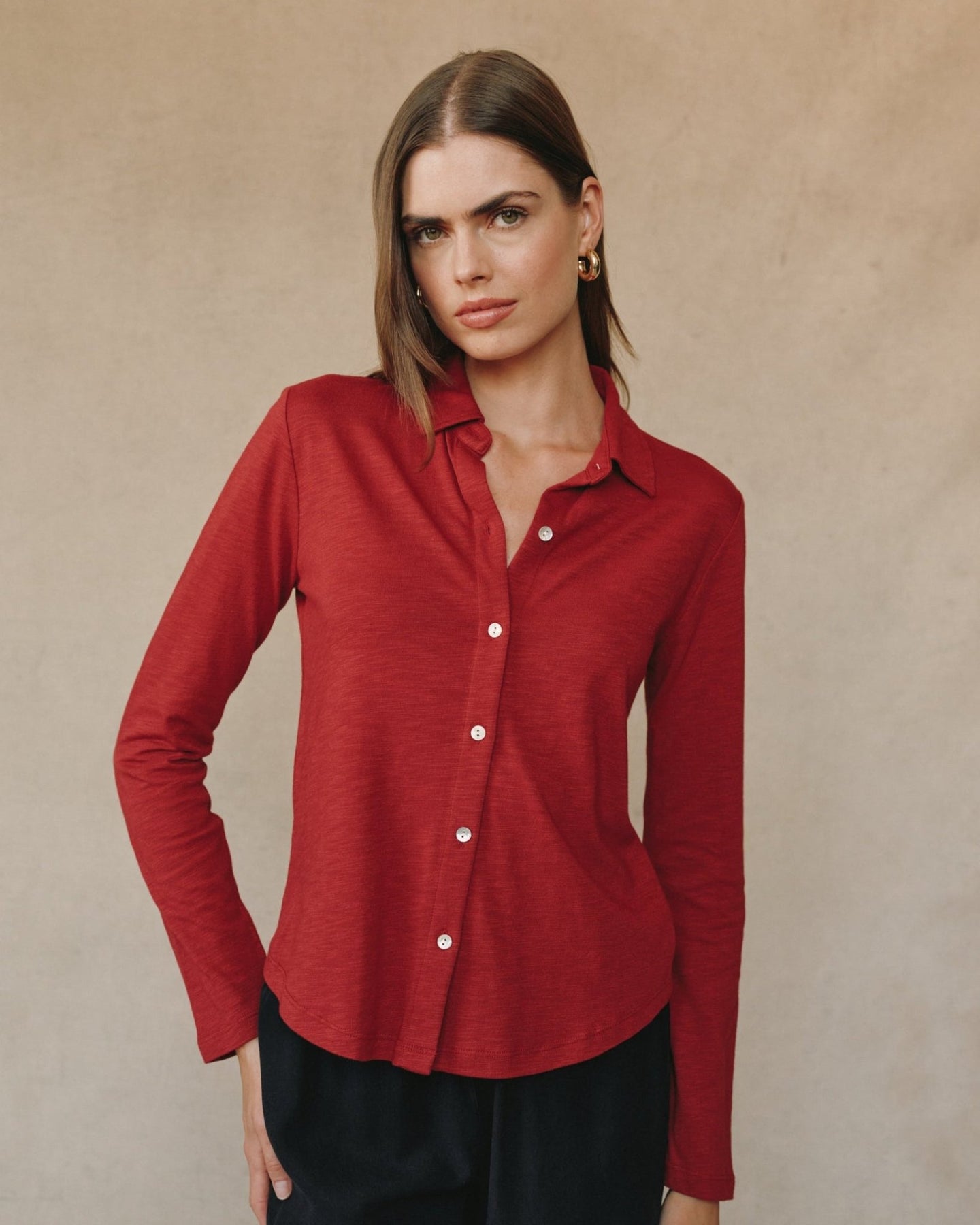 Bella DahlLong Sleeve Knit Button Down - Ruby RedTops