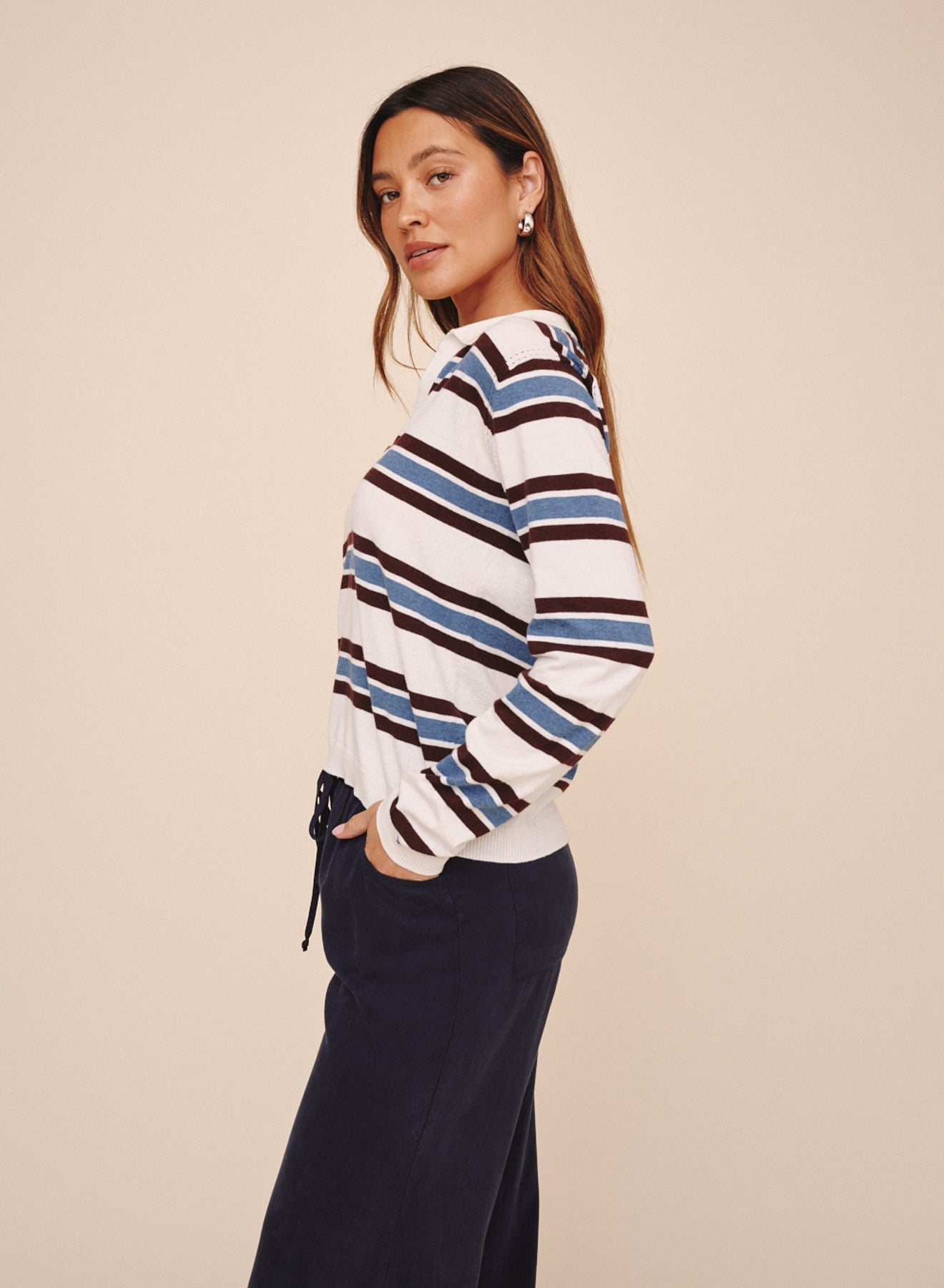 Bella DahlLong Sleeve Placket Pullover - Garnet StripeSweaters